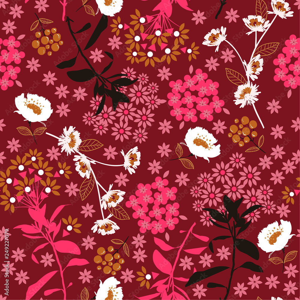 Geometric dense blooming flower and leaf in the dark ,colorful mood for fashion fabric,wallpaper and all prints Geometric dense blooming flower and leaf in the dark ,colorful mood for fashion fabric,wallpaper and all prints