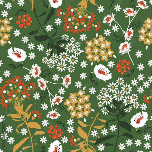 Retro  Geometric dense blooming flower and leaf in the dark ,colorful mood for fashion fabric,wallpaper and all prints