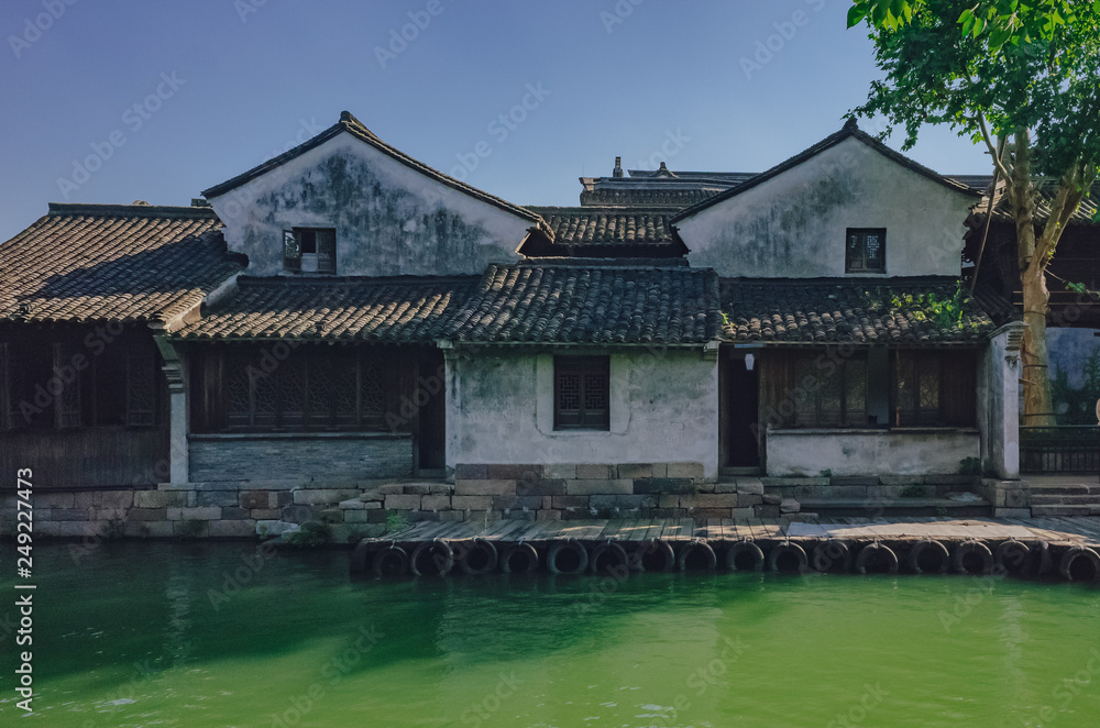 Traditional Chinese houses and trees by water, in the old town of Wuzhen, China Traditional Chinese houses and trees by water, in the old town of Wuzhen, China