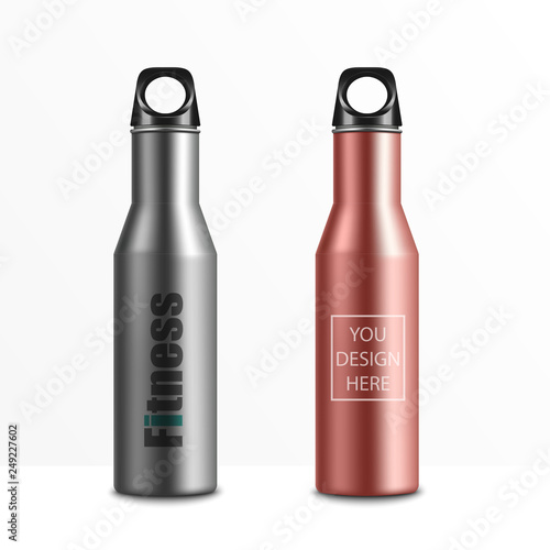 Set Realistic Fitness bottle.On white background for you design.aluminium texture.vector illustration