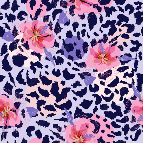 Beautiful blooming flower on animal skin leopard prints seamless pattern vector,design for fashion,fabric,wallpaper and all prints