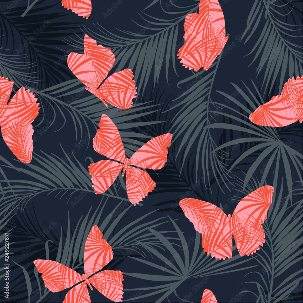 Tropical pattern fill-in pink butterfly flying on the exotic forest seamless pattern vector design for fashion, fabric, wallpaper, and all prints