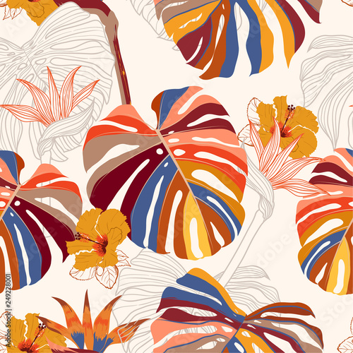 Beautiful bright Seamless pattern vector Contemporary tropical floral . Modern exotic  jungle and plants illustration in hand drawn style design for fashion,fabric,wallpaper and all prints