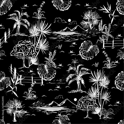 Black and white Hand drawing sketch line dark scenery or lanscape in seamless pattern vector design for fashion fabric ,wallpaper and all prints