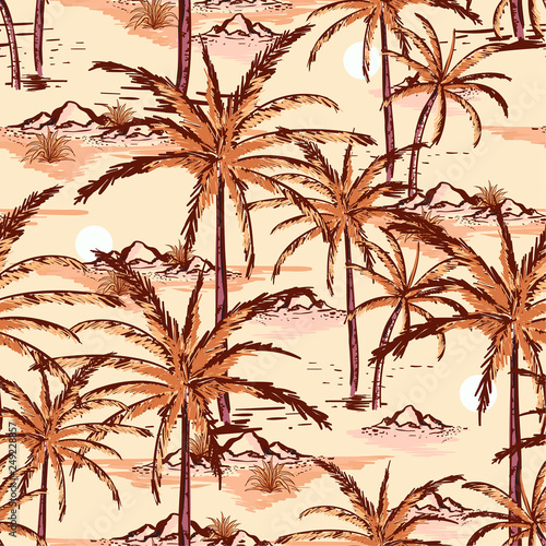 Beautiful vintage Hand drawn and line sketch summer island ,beach and palm trees seamless pattern vector design for fashion,fabric,wallpaper and all prints