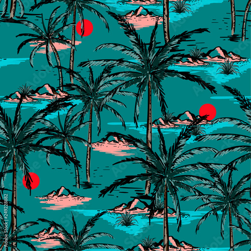 Trendy Hand drawn and line sketch summer island ,beach and palm trees seamless pattern vector design for fashion,fabric,wallpaper and all prints