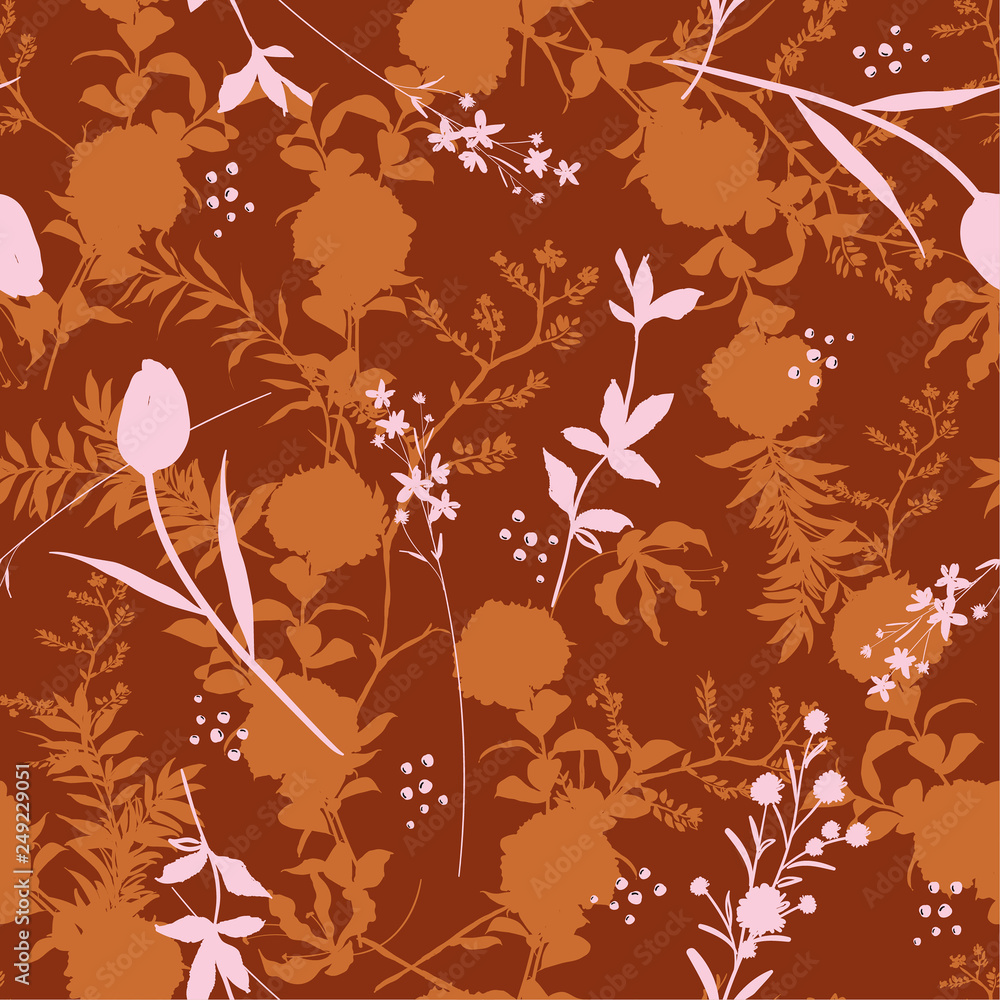 Retro summer Silhouette Abstract seamless pattern with leaves and flowers Background with flowers vector on modern style, Retro summer Silhouette Abstract seamless pattern with leaves and flowers Background with flowers vector on modern style,