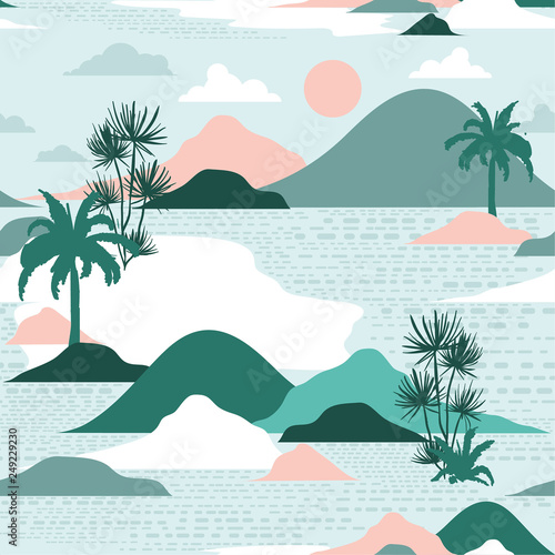 Pastel and sweet  silhouette of palm tree,beach,mountain on modern paper cut style seamless pattern vector design for fashion,fabric,and all prints