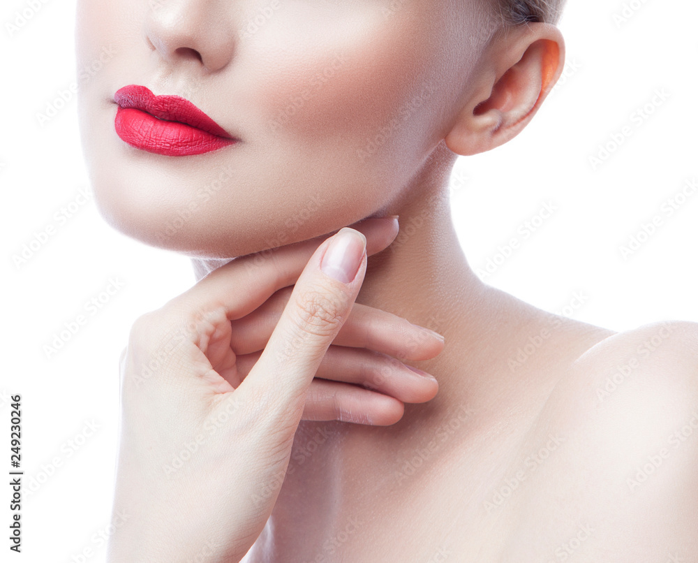 Lips, red lipstick, part of face of fashion model woman beauty portrait. Hand near neck. Clean skin Lips, red lipstick, part of face of fashion model woman beauty portrait. Hand near neck. Clean skin