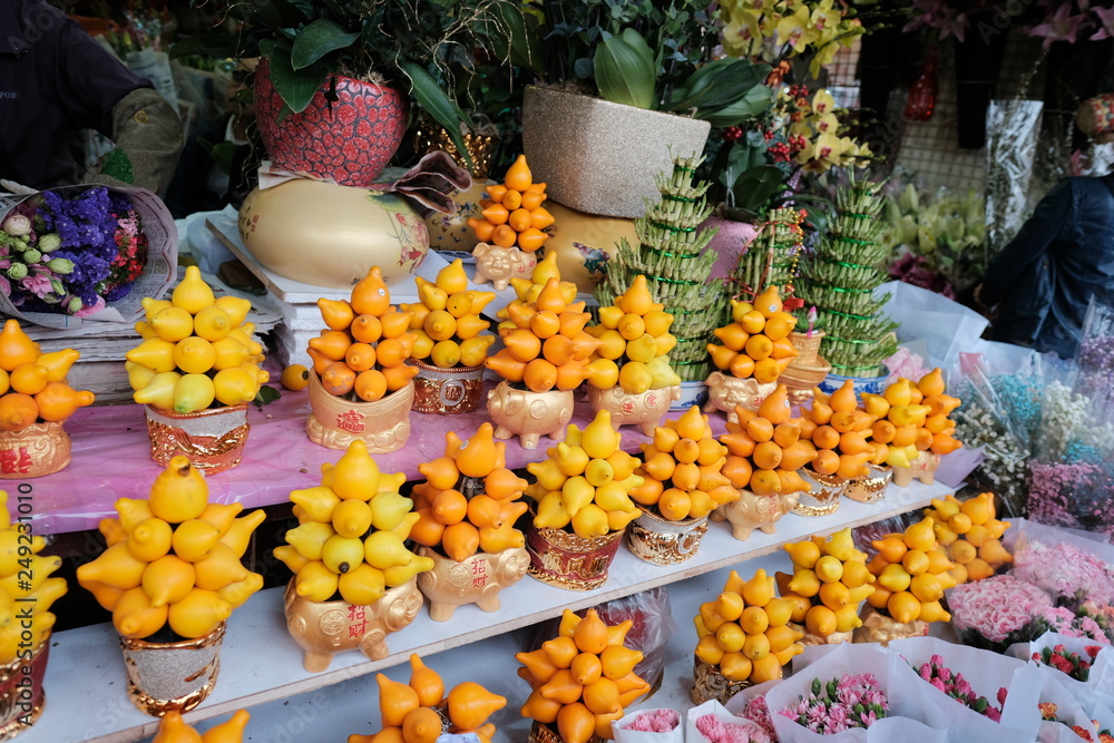 Cute yellow fruit decoration in the market for Chinese new year
