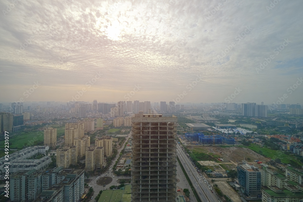 Aerial skyline view of cityscape in Hanoi, Vietnam, on cloudy sky day