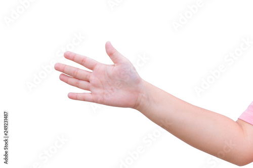 Girl fat hand open palm isolated on white background