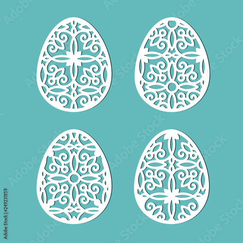 Decorated eggs for Easter holidays. A set of templates for cutting paper, laser cutting and plotter. Vector.