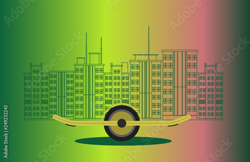 Cartoon picture with Electric Onewheel Skateboard alternative city transport. Flat style vector illustration. Big City on Color Background. photo