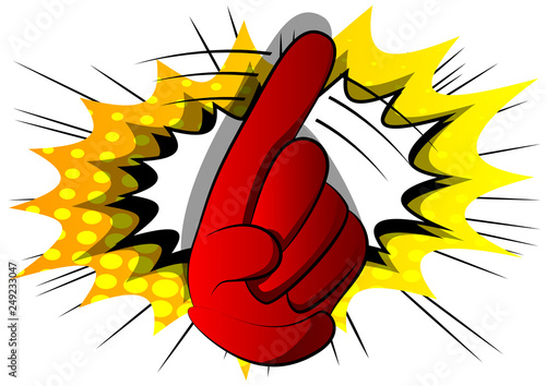 Vector cartoon saying no with his finger. Illustrated hand sign on comic book background.