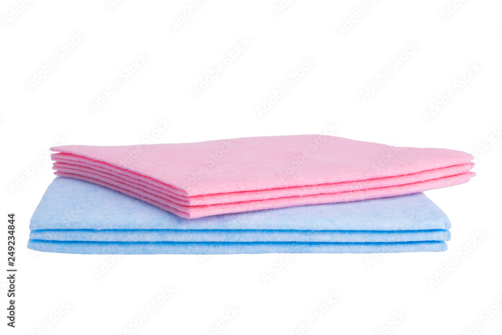 on a white background, two rags, blue and pink, for cleaning surfaces on a white background, two rags, blue and pink, for cleaning surfaces