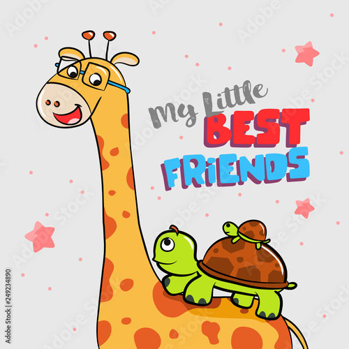 My Little Best Friend. Giraffe and the Turtle Family illustration - Vector