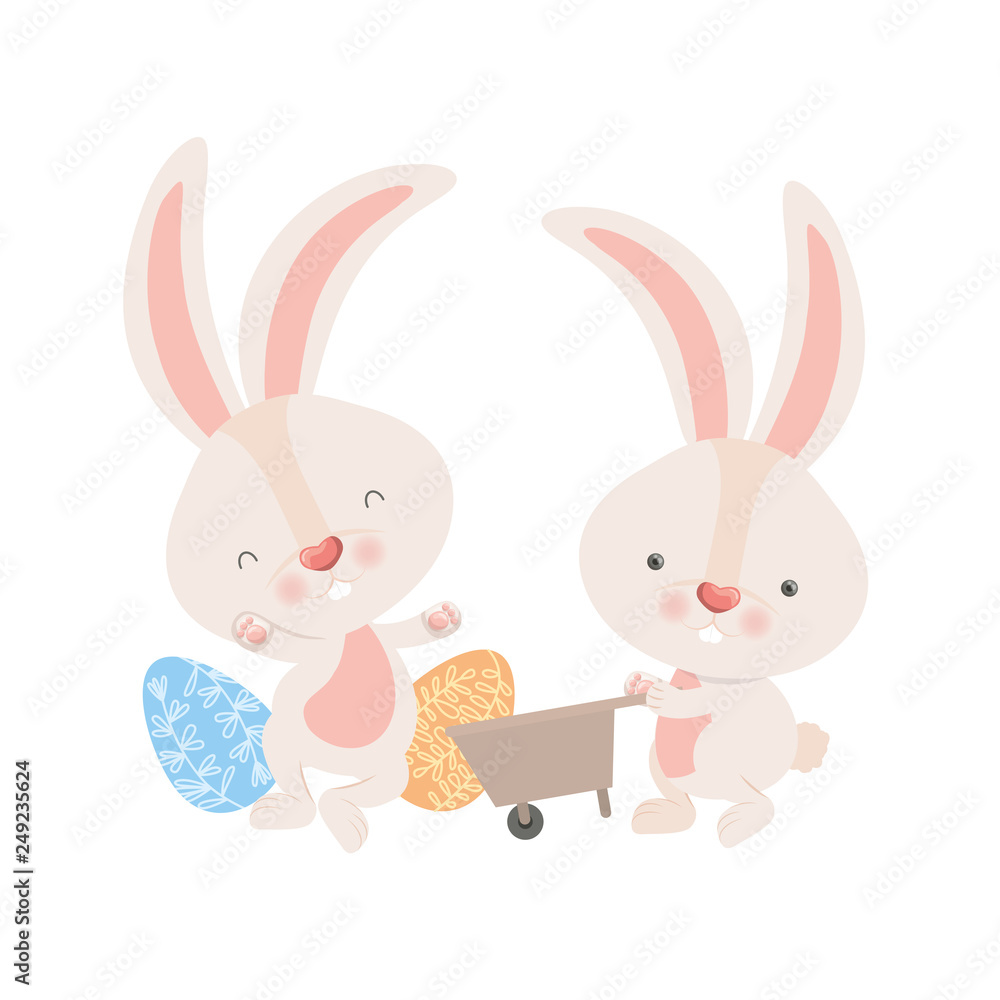 Fototapeta premium bunnies with wheelbarrow and easter eggs icon