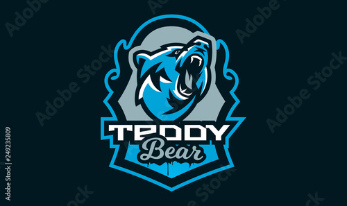 Colorful emblem of an aggressive bear. Sports logo bear. Forest predator, wild beast. Vector illustration