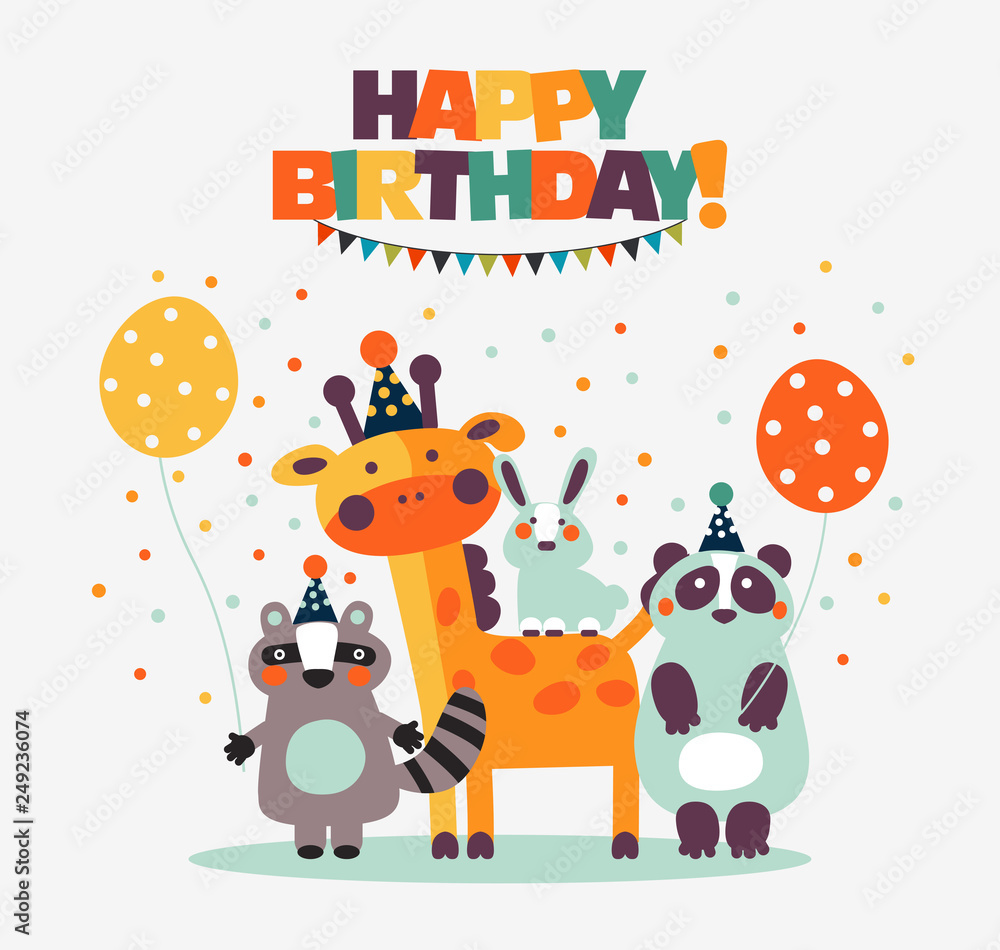 Happy birthday - lovely vector card with funny, cute animals, balloons and  garlands. Perfect for cards, invitations, party, banners, kindergarten,  preschool and children room decoration Stock Vector | Adobe Stock