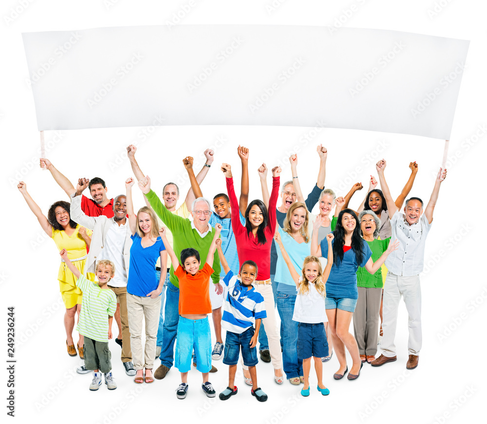 Fototapeta premium Multi-Ethnic Group Of Casual People With Children Raising Their Arms As They Hold Empty Banner For A Copy Space.