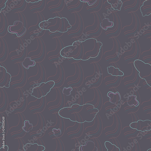 Vector illustration of marble clouds, rainbow and leaves outlines. Seamless pattern texture background in spectrum of aqua, pink, purple, ochre, gree, turquoise and light pink colors.