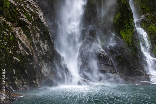 Waterfall reaching the bottom leaving it with an awesome structure. Milford sound  New Zealand