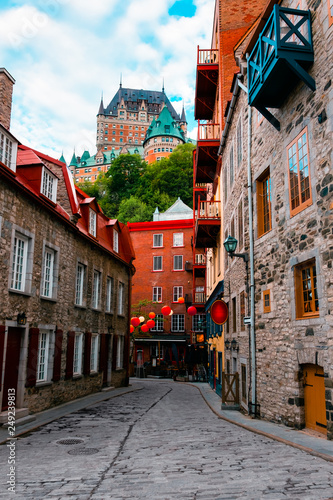Quartier Petit Champlain and Frontenac Castle in Old Quebec City, Quebec, Canada photo