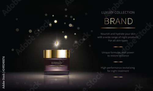 Night cosmetic product for face skin care, realistic vector. Purple jar of face cream and liquid golden drop of revitalizing serum. Cosmetics standing on glossy surface on dark background with lights