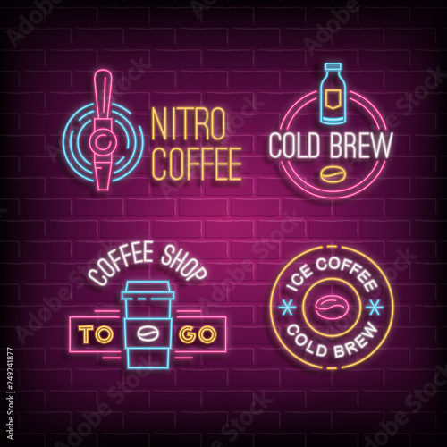 Cold brew coffee and nitro coffee neon logos. Vector glowing badges on brick wall background