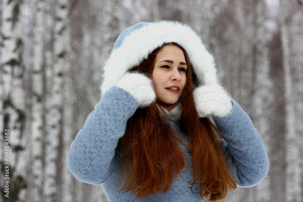 beautiful girl in winter birch forest beautiful girl in winter birch forest