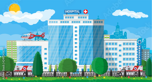 Hospital building, medical icon. Healthcare, hospital and medical diagnostics. Urgency and emergency services. Road, sky, tree. Car and helicopter. Vector illustration in flat style