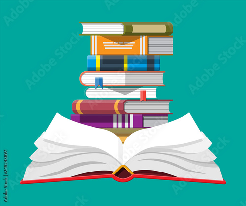 Open book with an upside down pages and pile of books. Reading, education, e-book, literature, encyclopedia. Vector illustration in flat style