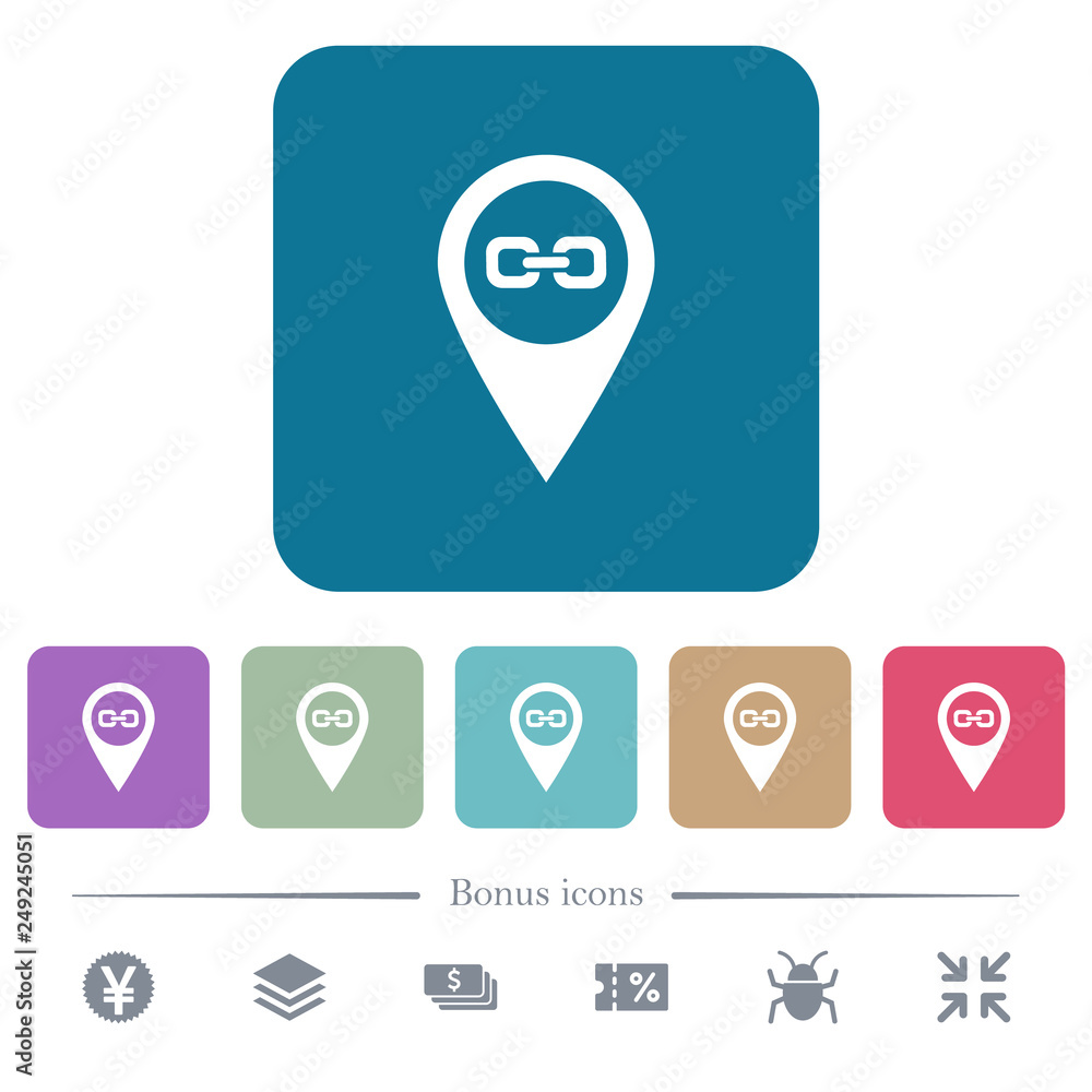 Link GPS map location flat icons on color rounded square backgrounds Link GPS map location flat icons on color rounded square backgrounds
