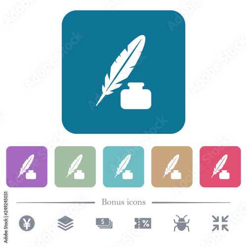 Feather and ink bottle flat icons on color rounded square backgrounds