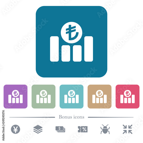 Turkish Lira financial graph flat icons on color rounded square backgrounds