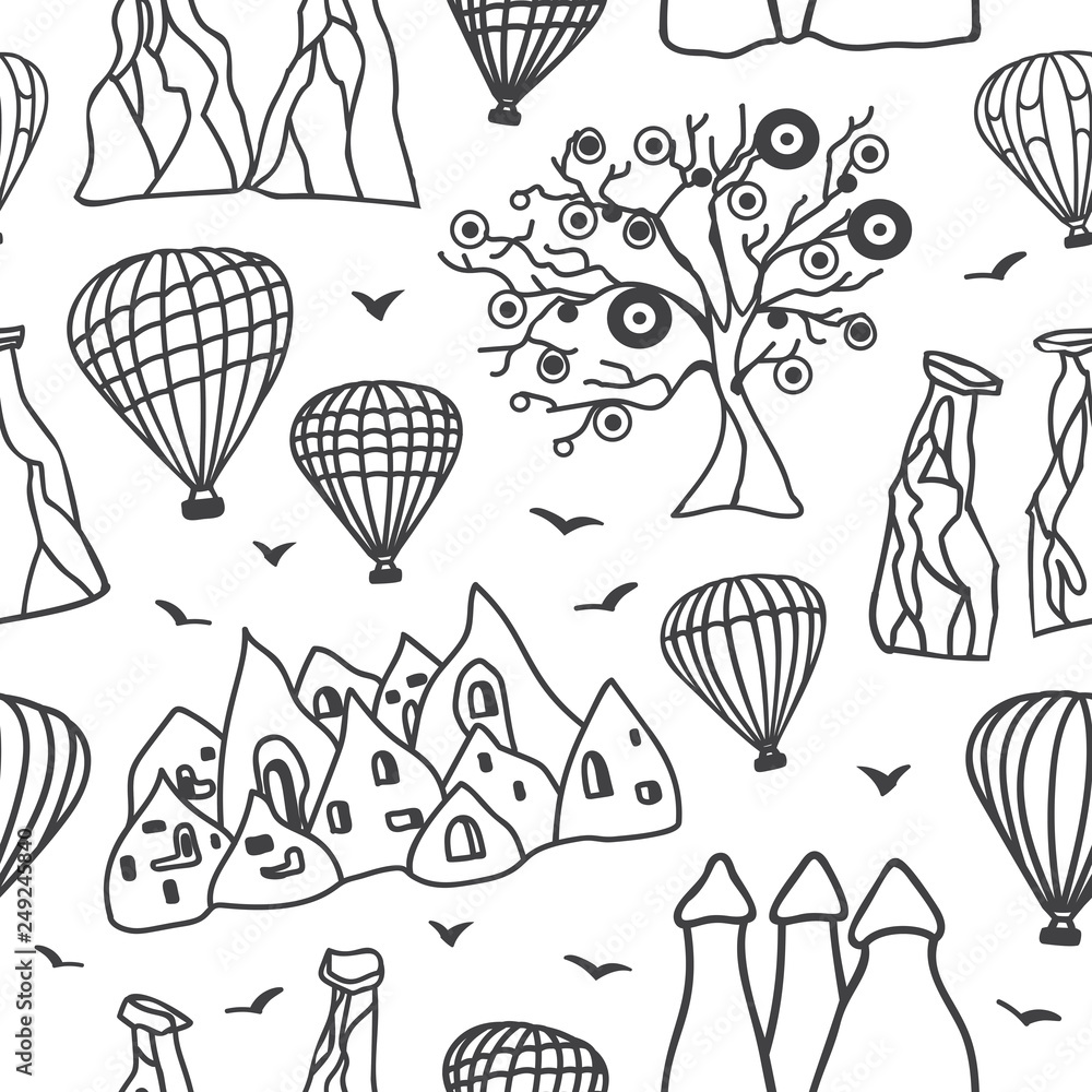 Naklejka premium Cappadocia symbols. Hand drawn vector seamless pattern with black outline doodle sketch on white background. Modern clear line design for touristic print, backdrop, wrapping paper or wallpaper design.