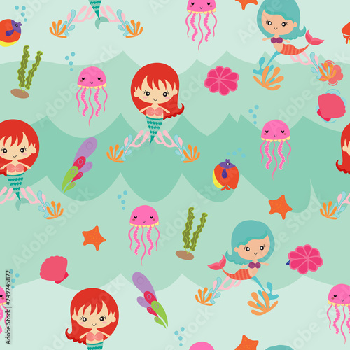 Fototapeta Naklejka Na Ścianę i Meble -  Cute mermaid seamless pattern background vector.