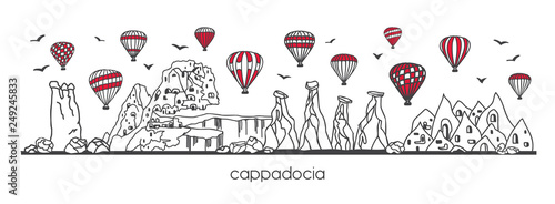 Vector illustration Cappadocia, Turkey. Hand drawn line doodle turkish symbols. Horizontal panoramic scene for banner or print design. Simple minimalistic style with black outline and red elements. - 