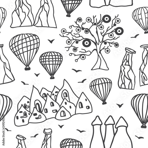 Cappadocia symbols. Hand drawn vector seamless pattern with black outline doodle sketch on white background. Modern clear line design for touristic print, backdrop, wrapping paper or wallpaper design. © Natalia