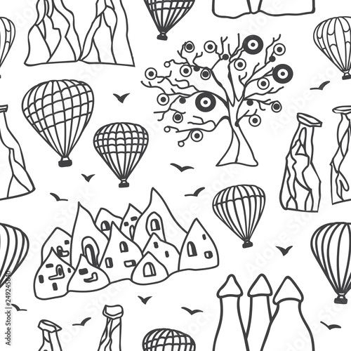Cappadocia symbols. Hand drawn vector seamless pattern with black outline doodle sketch on white background. Modern clear line design for touristic print, backdrop, wrapping paper or wallpaper design.