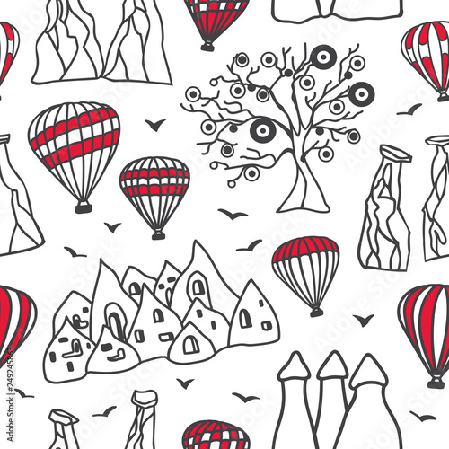 Vector seamless pattern Cappadocia. Hand drawn black outlines with red elements. Doodle sketch on white background. Modern design for touristic print, backdrop, wrapping paper. - Vector © Natalia