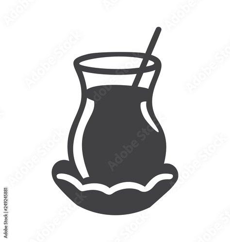 Vector illustration of a glass of traditional black turkish tea on a decorative plate with a spoon inside. Dark grey object isolated on white. Minimalist flat design for logo, emblem, icon design. - V