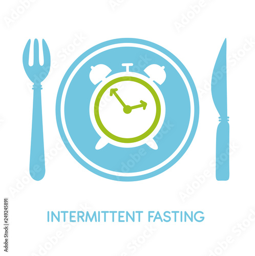 Intermittent Fasting. Vector illustration of a plate with a fork, a knife, a clock and place for your text. Modern flat card, poster, banner, leaflet design on healthy eating regime. - Vector 