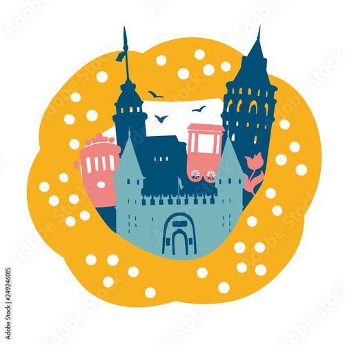 Beautiful vector illustration Istanbul. Turkish symbol landmarks in a frame of a sesame bagel Simit. Palace gate, Galata tower, Maiden tower, tram, bagel vendor. Dark blue, grey, yellow colors. - Vect
