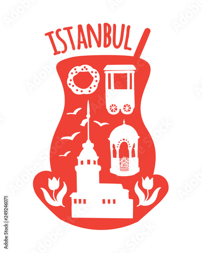 Istanbul, Turkey. Travel illustration of famous turkish symbols: Maiden tower, the fountain, bagel vendor, simit, tulips, seagull. Doodle landmarks in a silhouette of a traditional tea glass. - Vector