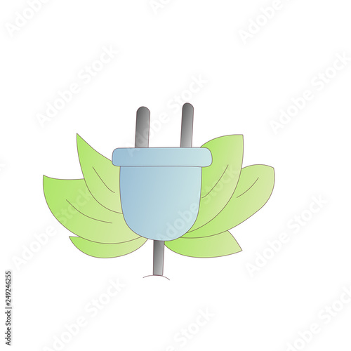 Electric plug with green leaves cartoon illustration. Concept of saving energy, save energy, environmental vector icon with plug and green eco leaves. Ecology logo about saving energy, made recyclable