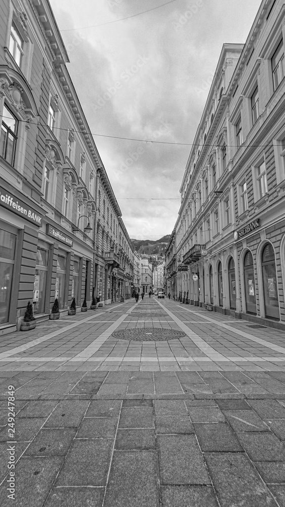 Sarajevo, Bosnia - December 15,2018 - View of the historic centre of Sarajevo, Bosnia and Herzegovina. Selective focus. Black & White