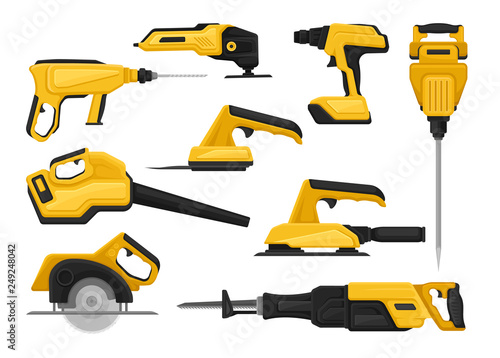 Flat vector set of power tools for construction works. Modern building equipment collection on white