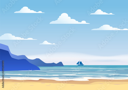 Summer sunny tropical backgrounds seascape with seaside, mountanes beach sky horison, sunset. Vector illustration, isolated, template